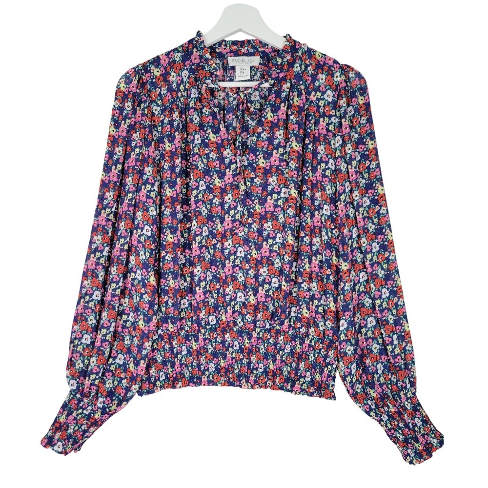 Rachel Zoe Floral Blouse Womens Medium Navy Blue Smocked Clip Dot Top MB5702